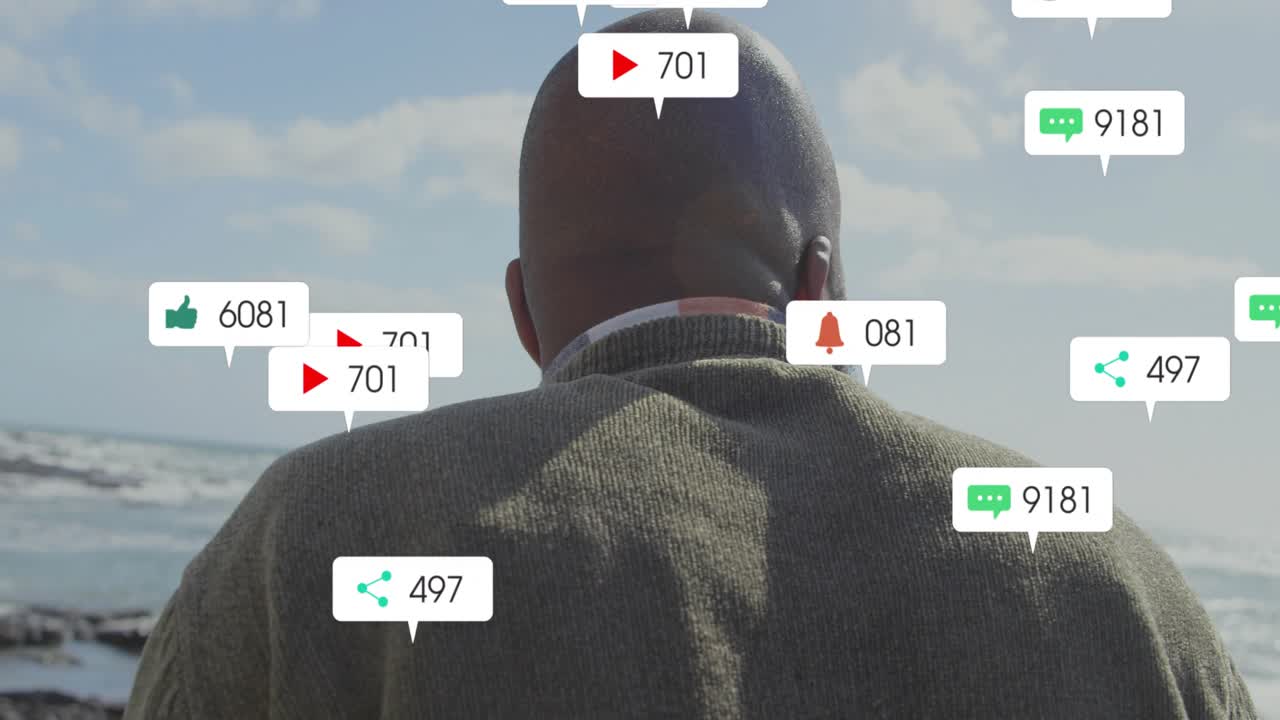 Man standing by ocean as social alerts rising from sea, multiplying around him, showing engagement