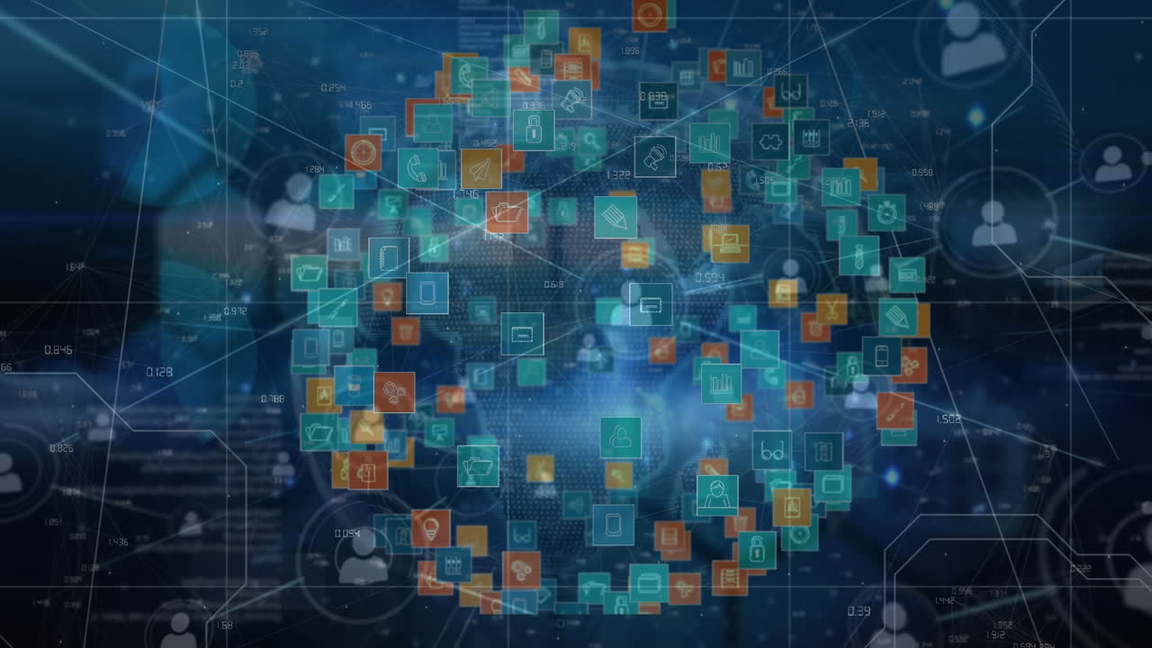 animación de la red de conexiones con iconos sobre fondo azul