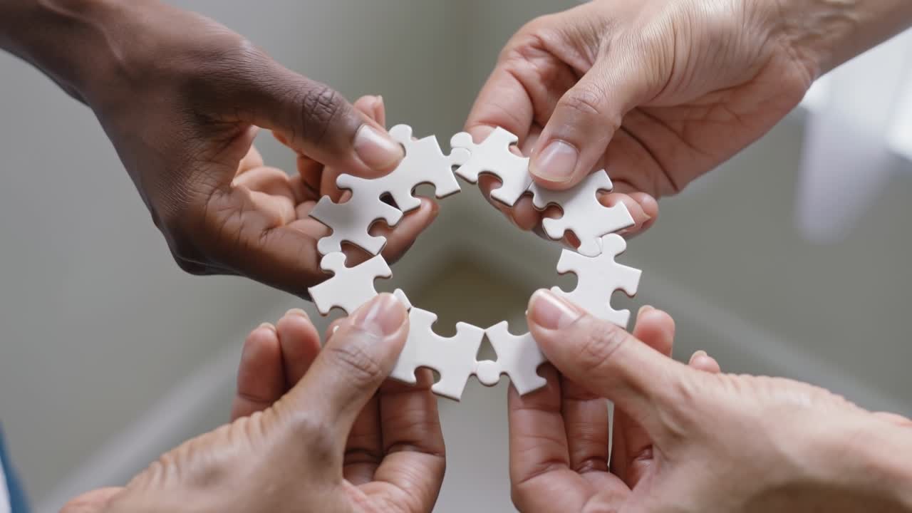 Group of people joining puzzle pieces together for business cooperation and team building concept
