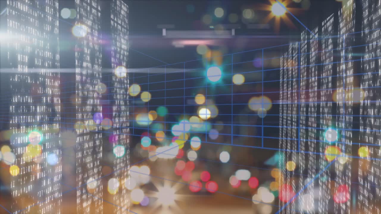 밤에는 도시 위의 빛의 반점과 모양의 애니메이션.