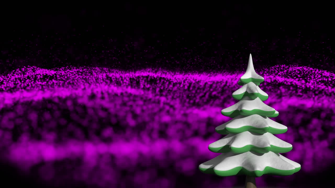 Animação de árvore de Natal sobre glitter roxo em fundo preto