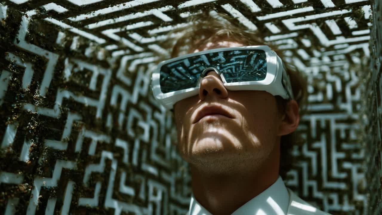 A Futuristic Vision: An Individual in a Geometric Maze Wearing Unique High-Tech Glasses, Captured in Two Distinct Frames Showcasing Intense Focus and Intriguing Light Patterns