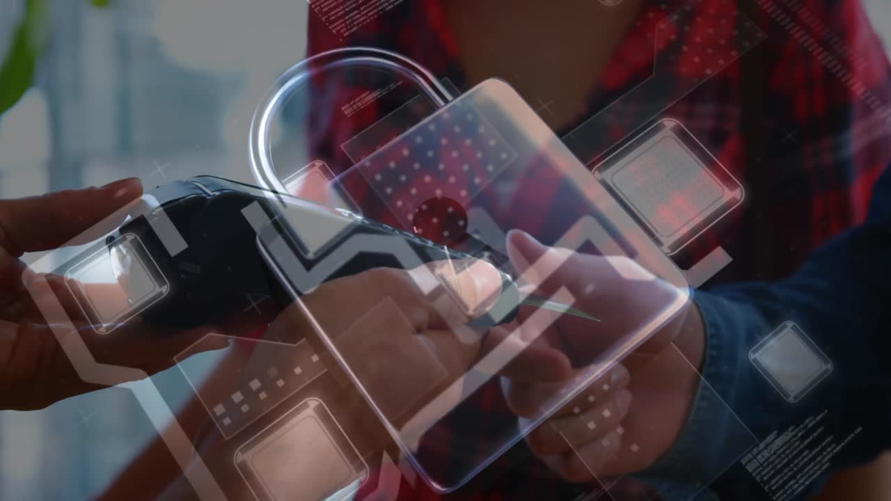 animación del candado de seguridad de la red sobre las personas que utilizan el terminal de pago