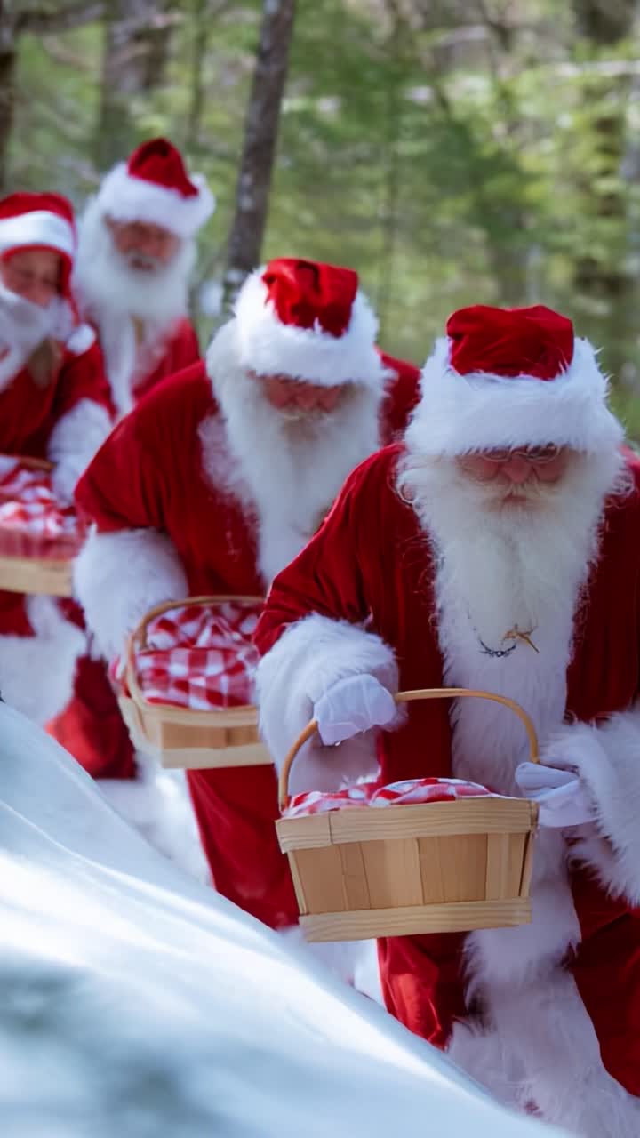 A Charming Gathering of Santas in Snowy Wilderness, Carrying Baskets Filled with Treats: A Whimsical Scene Capturing the Holiday Spirit and Festive Cheer Amidst Nature's Winter Wonderland