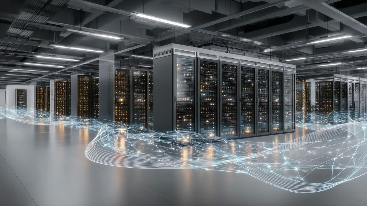High-Tech Data Center with Server Racks and Data Flow Representation Illuminates the Future of Computing and Information Storage in a Modern Facility