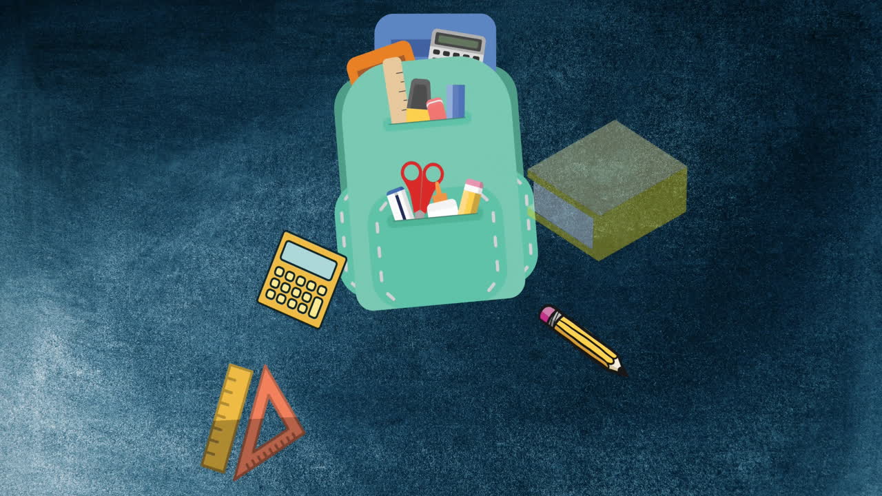 텍스처 파란색 배경에 학교 가방에서 떨어지는 학교 개념 아이콘의 애니메이션