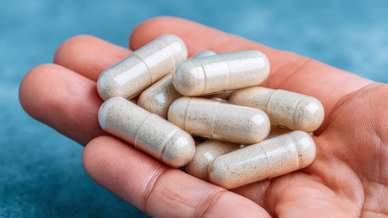 Close-up de cápsulas alimentares em uma mão, mostrando sua textura e formato contra um plano de fundo azul suave para suplementação nutricional
