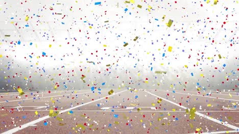Animation-of-confetti-falling-and-mist-over-empty-stadium