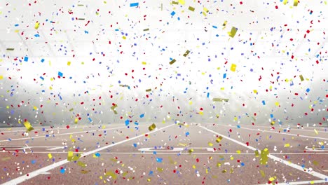 animation of confetti falling and mist over empty stadium