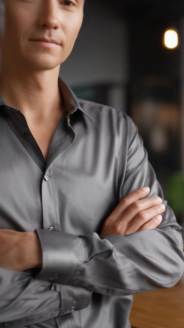 Individuo sicuro di sé in una camicia grigia elegante, in piedi con le braccia incrociate, che emana un senso di professionalità e sicurezza di sé in un ambiente interno moderno.