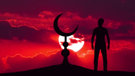 the man stand near the islam symbol against the background of sunset. time lapse