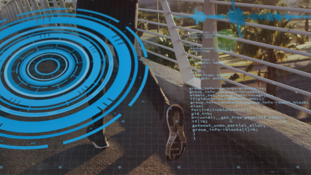 animación de círculos de carga, lenguaje informático sobre hombre afroamericano corriendo por la calle