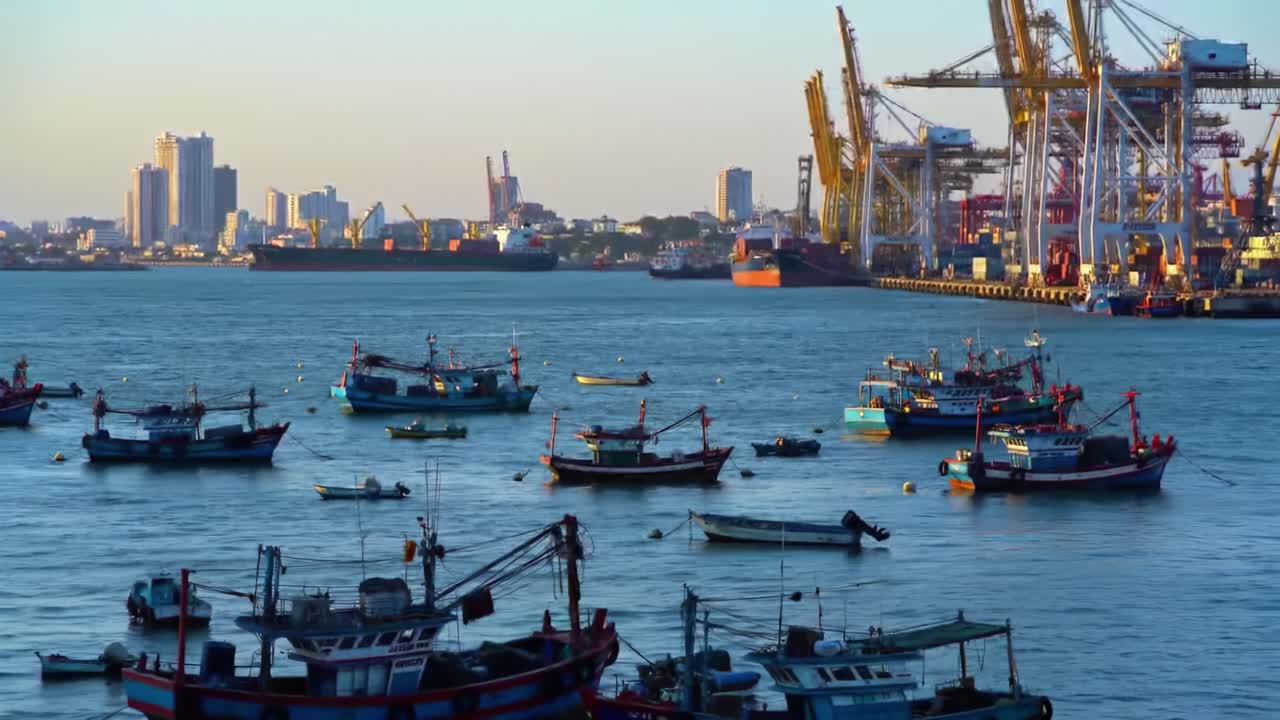 Small fishing vessels float in the water, surrounded by larger ships and cranes at a bustling port. The vibrant sunset casts a warm glow, highlighting the busy scene in the coastal city.