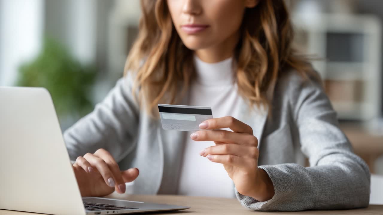 A woman engaged in online shopping, holding a credit card in her hand while focusing on her laptop screen, showcasing the convenience of digital transactions