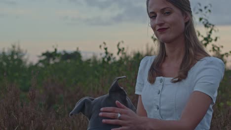 portrait of attractive young woman petting the head of her pitbull in a heather field at dusk and looking towards camera