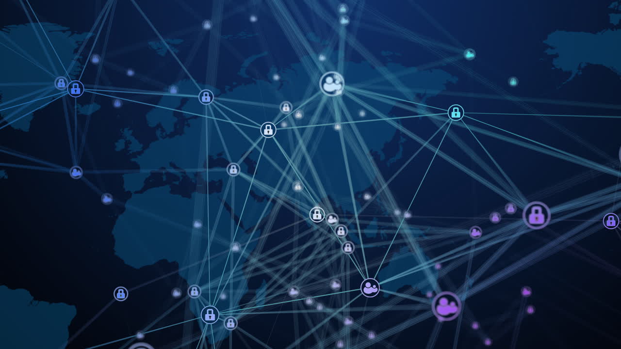 Lock as symbol of Internet security and user protection. Technology of global cyber security. Futuristic blue background with plexus lines. Looped motion graphics.