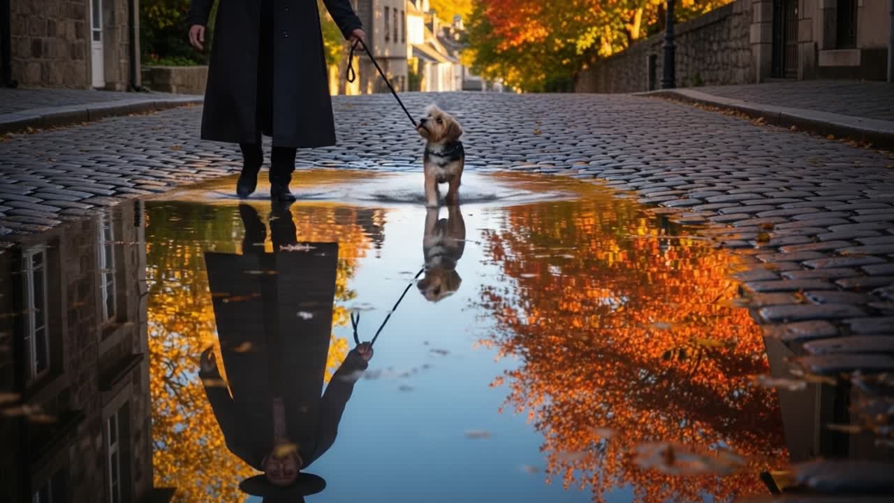 A Charming Autumn Stroll: A Person in a Long Coat Walking Their Happy Dog Through a Puddle Reflecting Vibrant Fall Colors on a Quaint Cobblestone Street