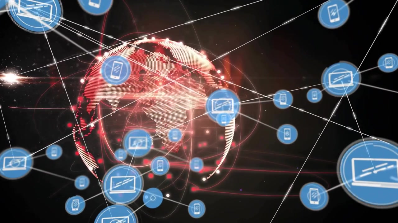 Globo pontilhado vermelho girando, enviando nós pulsantes e conectando dispositivos azuis, formando uma teia no espaço preto