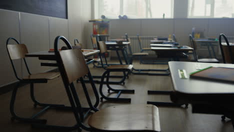 Leeres-Schulzimmer.-Innenraum-Des-Klassenzimmers-Mit-Schreibtischen-Und-Stühlen-Für-Die-Bildung