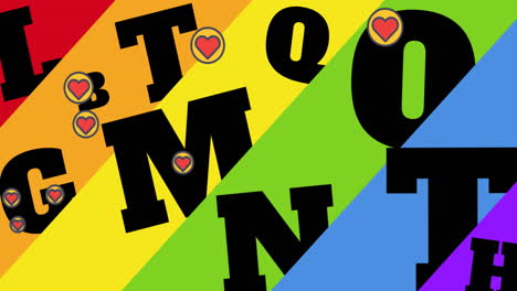 animación de iconos de corazón rojo sobre el texto del mes lgtb en fondo arco iris