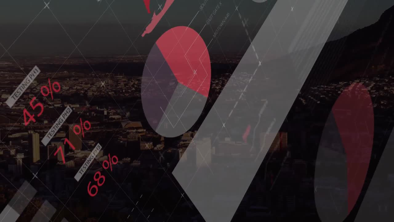 Animazione di elaborazione dati con città sullo sfondo