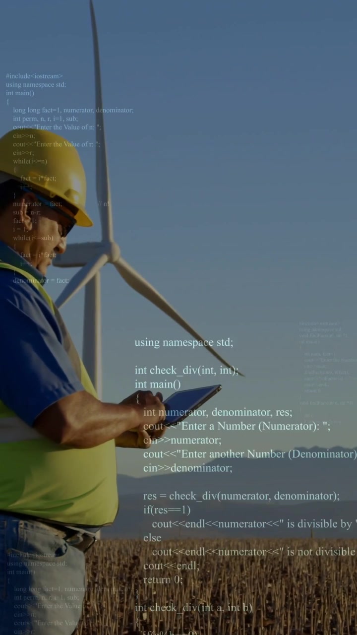 Vertical video: Camera panning, worker walking, using tablet and checking turbine status with code