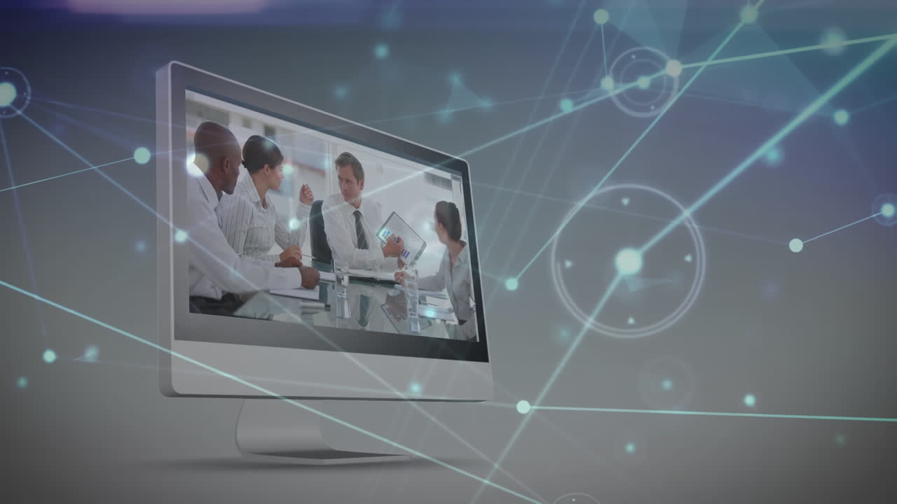 컴퓨터에서 비즈니스 데이터 처리에 대한 연결 네트워크와 빛 트레일의 애니메이션