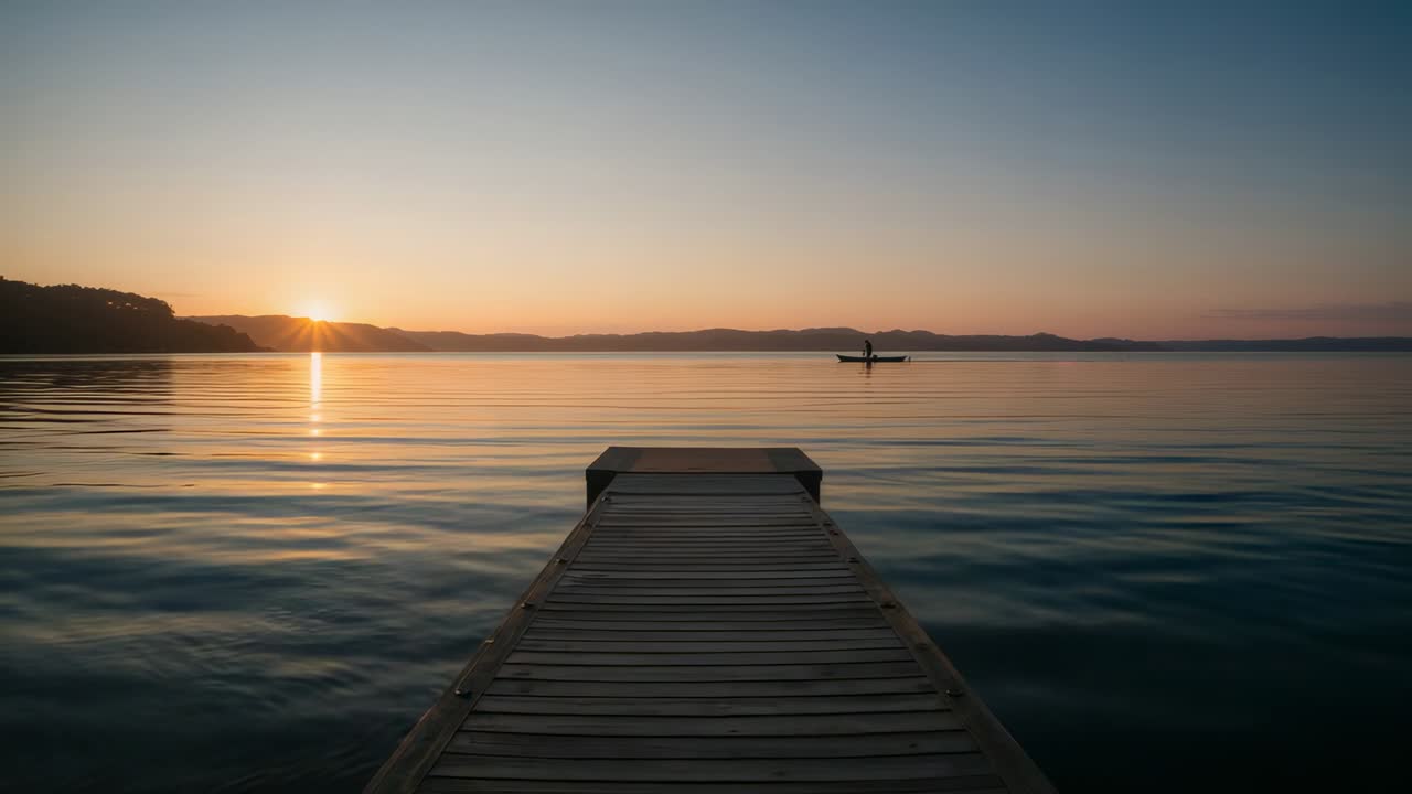 Remando ao nascer do sol, um canoísta com roupas escuras move-se para a esquerda com o remo, passando por um cais de madeira no lago.