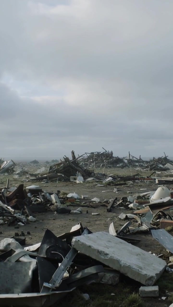 Video verticale: Nuvole alla deriva che rivelano il principale cumulo di macerie in una discarica, esponendo lastre e pannelli.