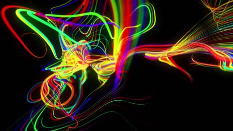 el flujo de fondo abstracto de las líneas de brillo. las partículas de luces en funcionamiento se forman en el espacio 3d brillando hermosas líneas curvas como una bola de cables quemándose con luz de neón. hermoso fondo creativo en bucle en 4k.