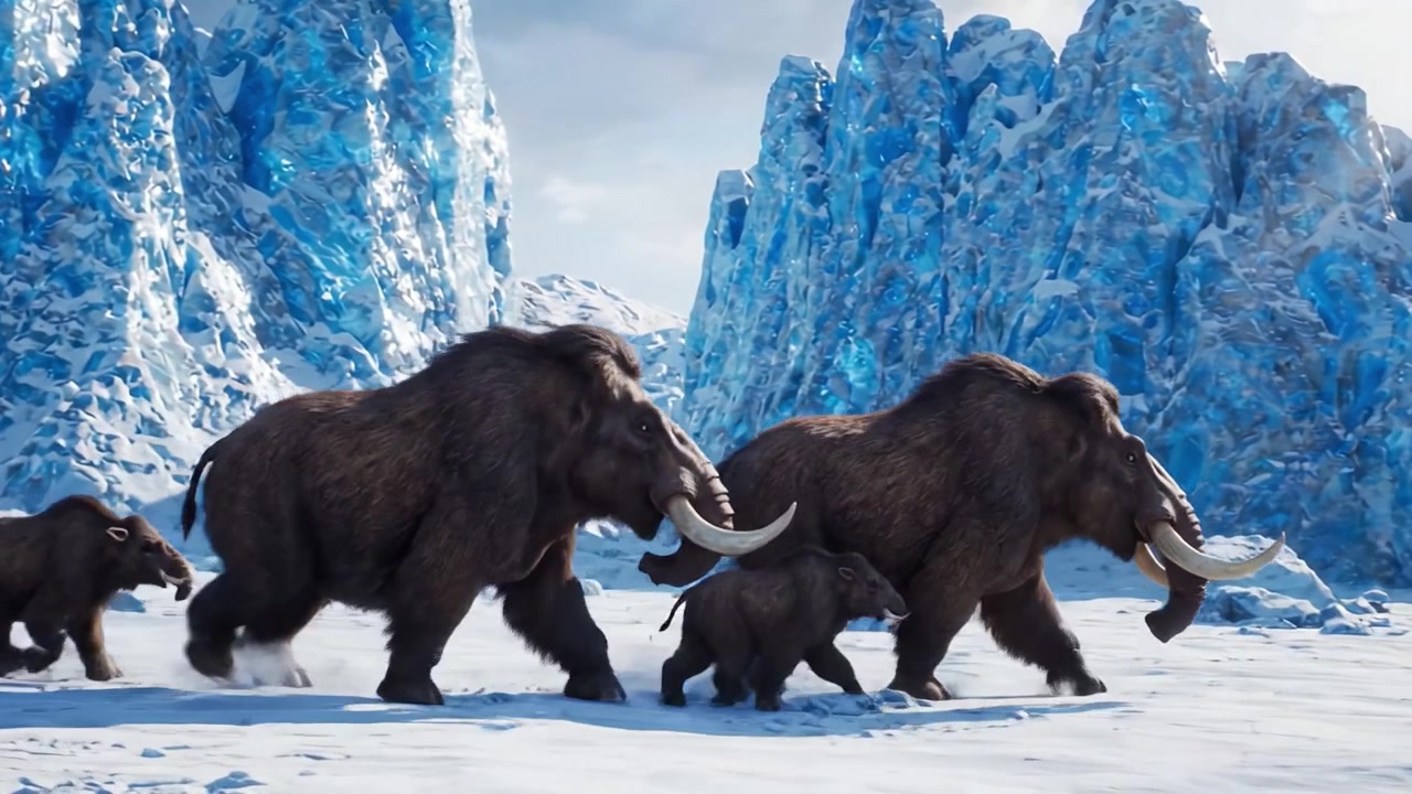A Dynamic Family of Mammoths Moving Through a Stunning Glacial Landscape, Showcasing the Majestic Presence of These Prehistoric Creatures in Their Natural Habitat