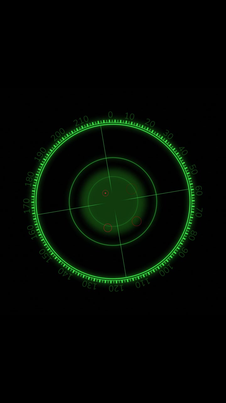 Sfondo di schermo HUD radar verde con scala circolare luminosa, linee a mirino, punti bersaglio e nero.