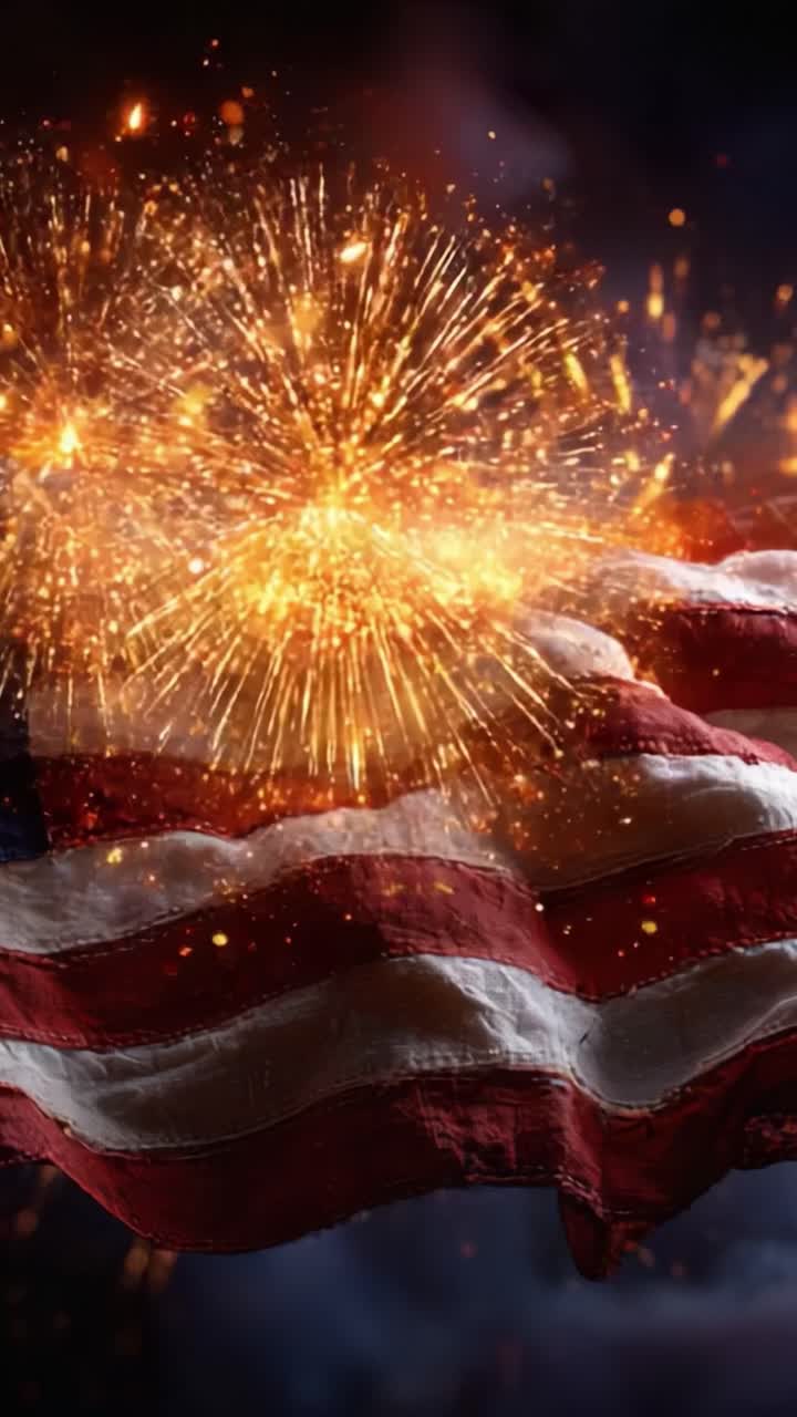 A Captivating Display of Freedom and Celebration: A Majestic American Flag Surrounded by Fiery Explosions of Colorful Sparks and Light, Symbolizing Joy and Patriotism