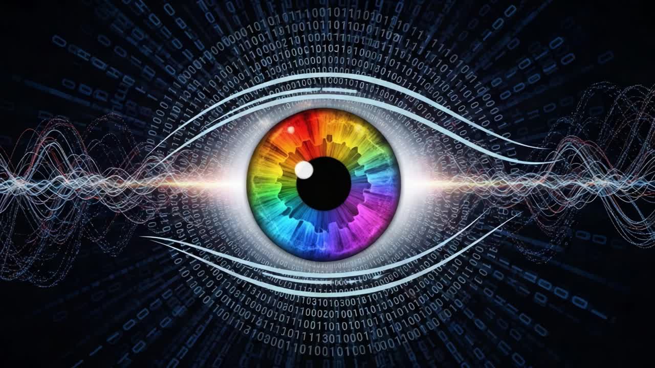 A Vibrant Eye Surrounded by Digital Waves and Binary Code, Symbolizing the Intersection of Vision, Technology, and Data in the Modern World
