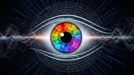 a vibrant eye surrounded by digital waves and binary code, symbolizing the intersection of vision, technology, and data in the modern world