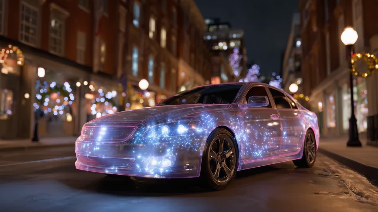 Een schitterende, verlichte auto geparkeerd in een feestelijke straat, versierd met schitterende lichten en decoraties, waardoor een magische nachtelijke sfeer vol vrolijkheid ontstaat