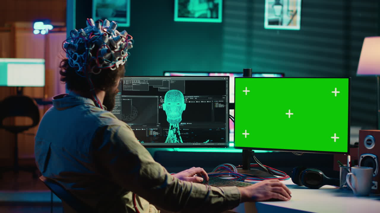 ingeniero informático comenzando el proceso de carga mental usando la pantalla verde del pc