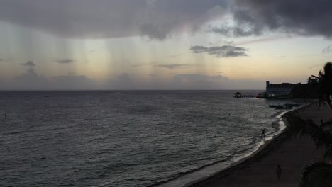 aire disparado a través de las palmeras, la playa, el cielo pastel, dirigiéndose al edificio, la grandeza del océano