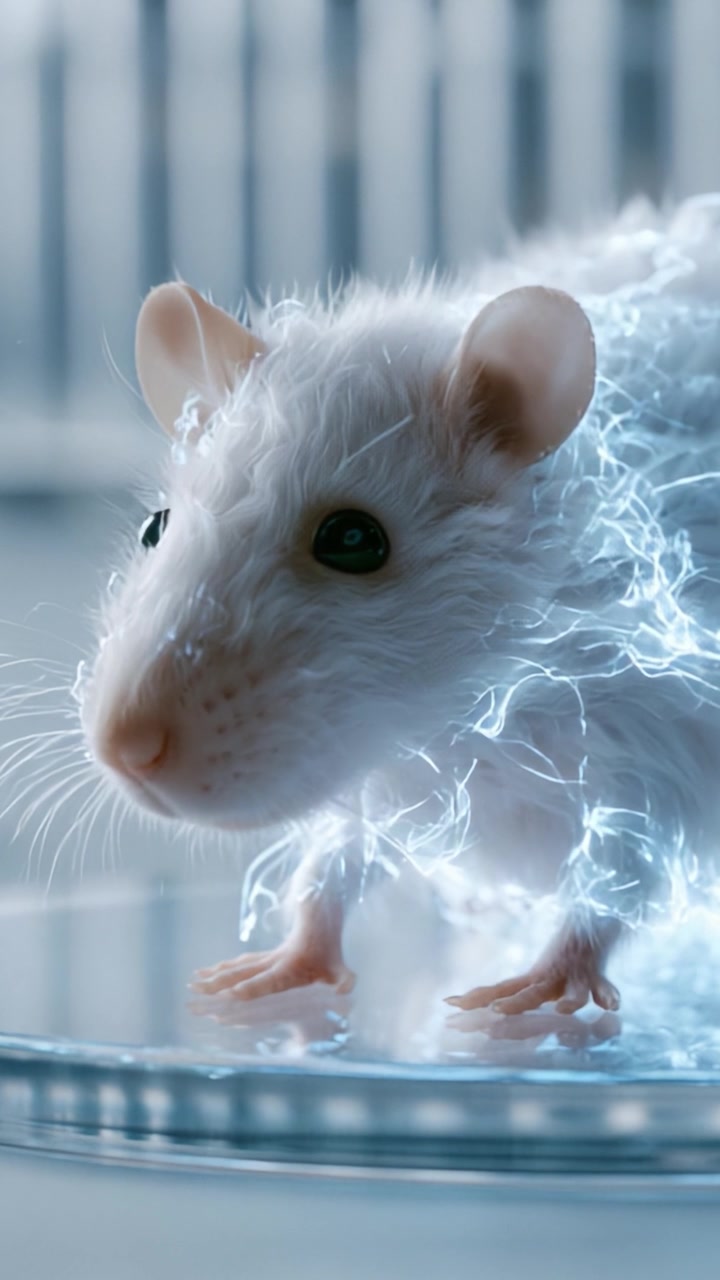 Un magnifico topo bianco circondato da energia elettrica luminosa in un ambiente di laboratorio, che evidenzia l'intersezione tra natura e scienza in dettagli affascinanti.