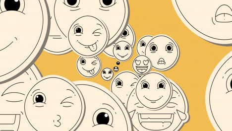 Animation-of-emoticons-moving-over-yellow-background