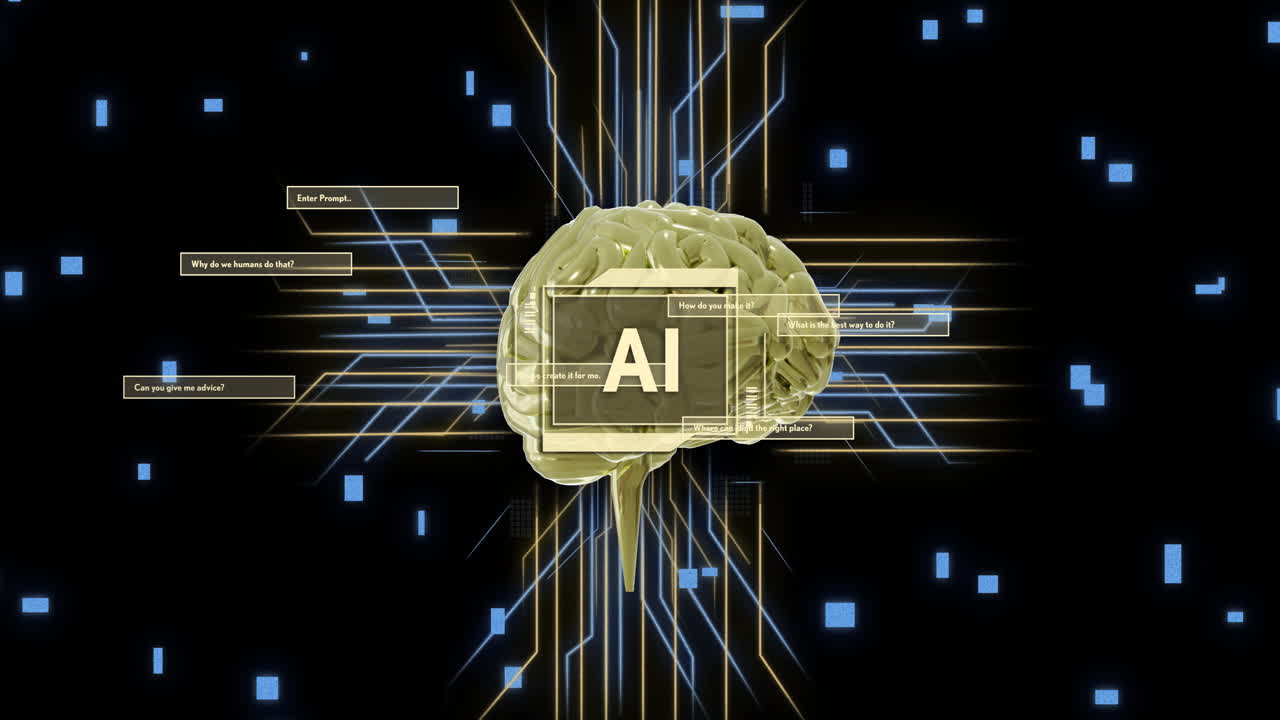 Animation of ai text, human brain and digital data processing over black background