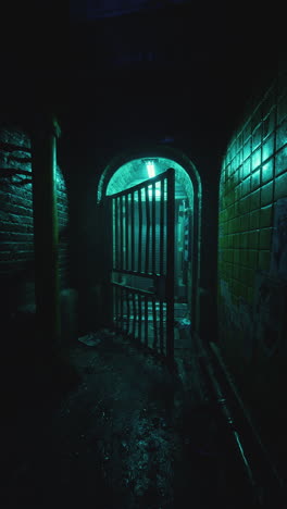 dark and gloomy alleyway with a green gated entrance