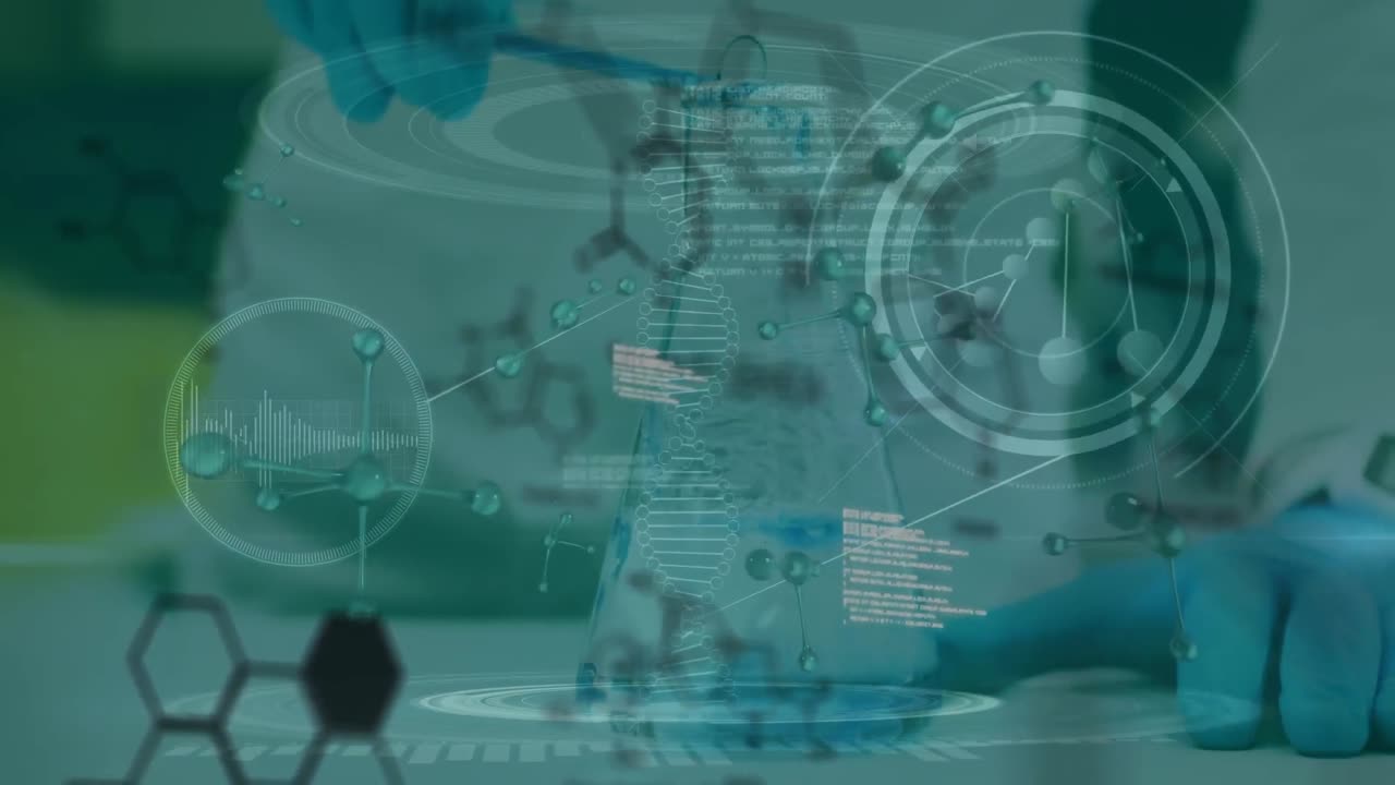 animación de estructuras químicas sobre la sección media de un científico vertiendo un producto químico en un frasco.