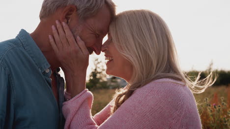 Loving-Mature-Couple-In-Countryside-Hugging-Against-Flaring-Sun