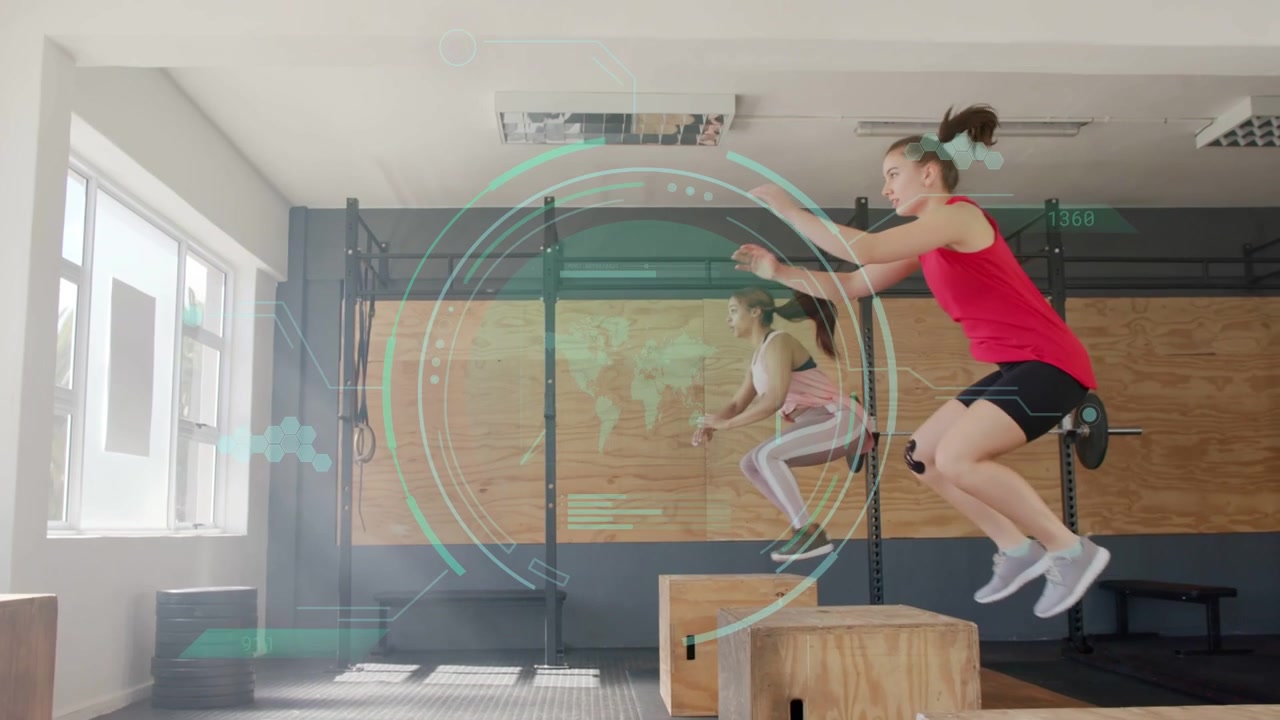 Pink-clad woman stepping off box, red-clad mirroring, escalating to sync box jumps for fitness, HUD