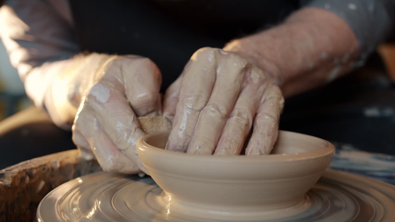 Senior Potter Shaping a Bowl on a Pottery Wheel