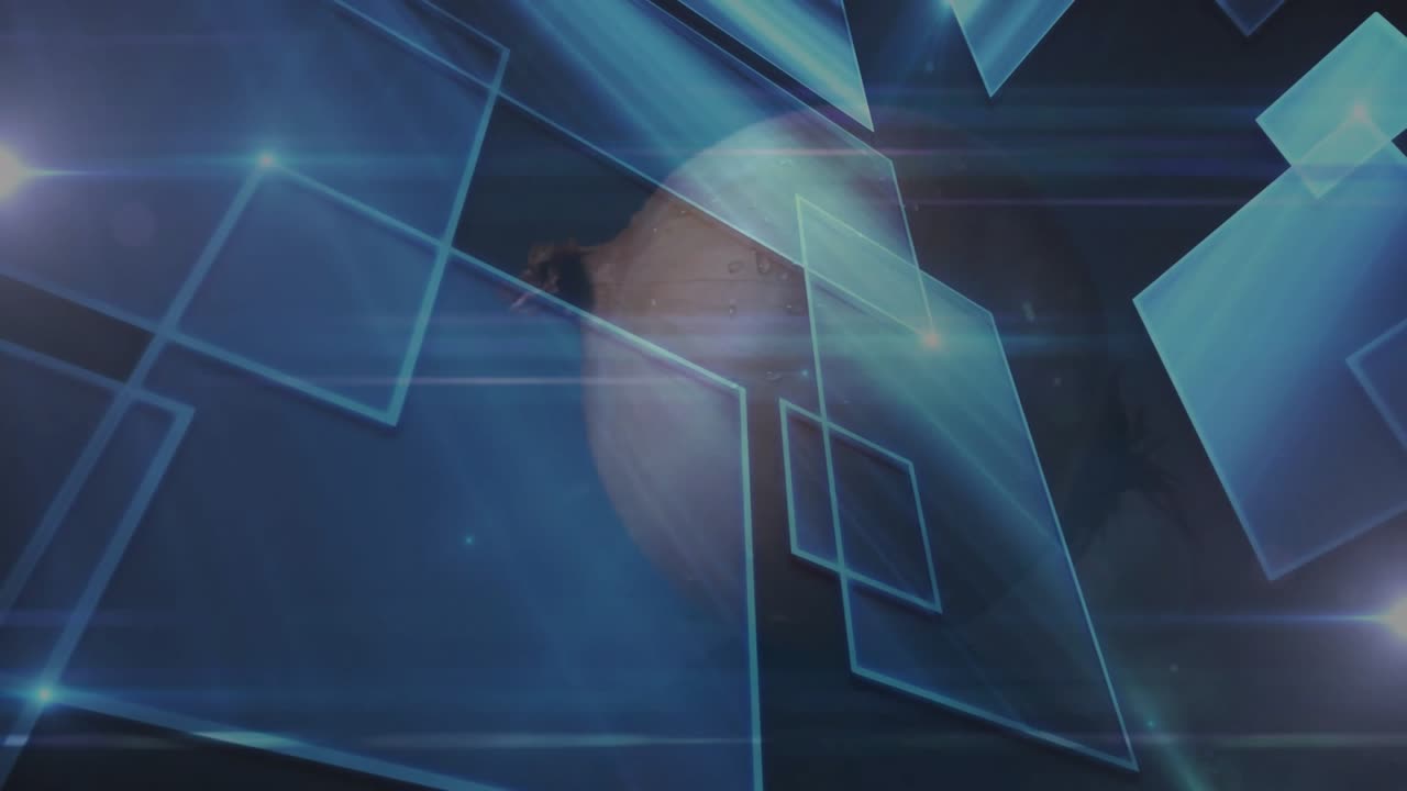 Upon starting 3D blue rectangles sliding in pulsing nodes rotating dark sphere revealing surface