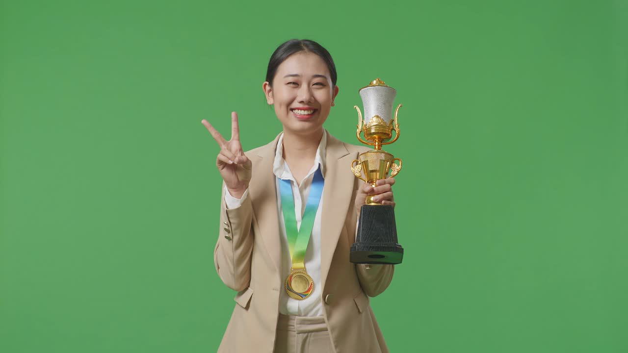 금메달과 트로피를 가진 슈트를 입은 아시아 사업가 여성이 평화의 몸짓을 보여주고 스튜디오의 녹색 스크린 배경에서 첫 번째 우승자로 카메라에 미소 짓고 있습니다.