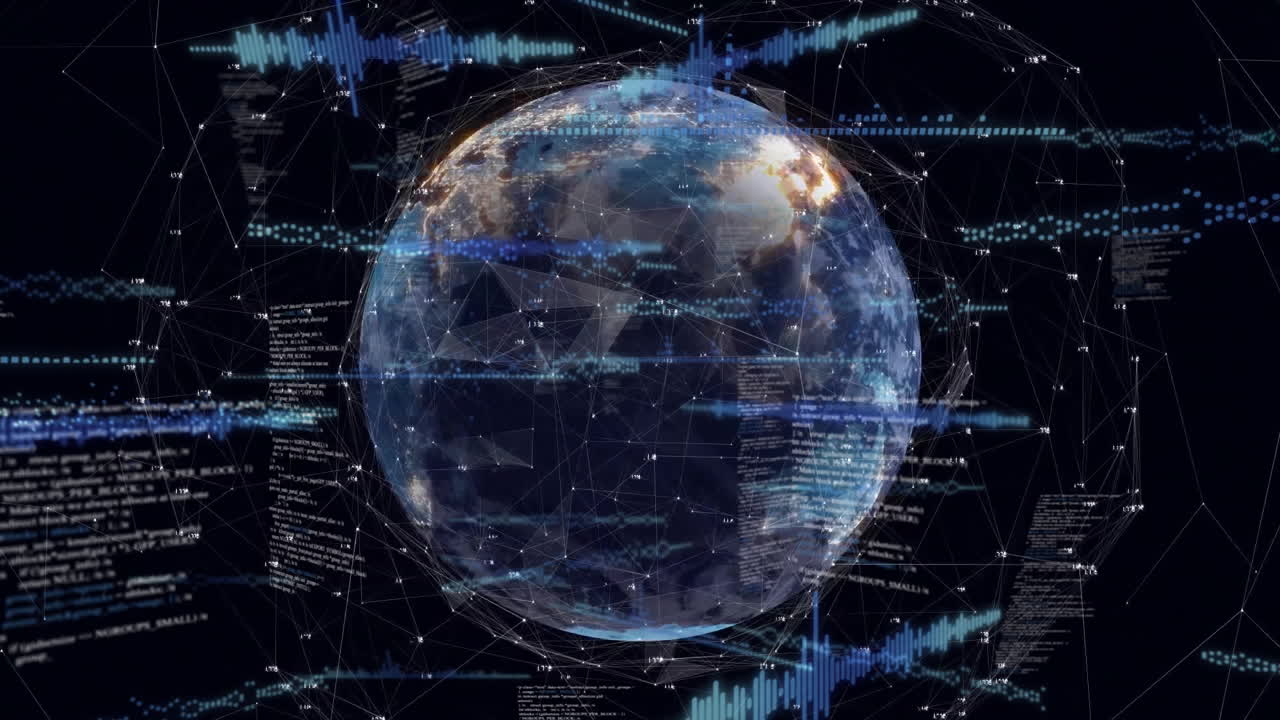 Rotating Earth with network connections and data processing animation