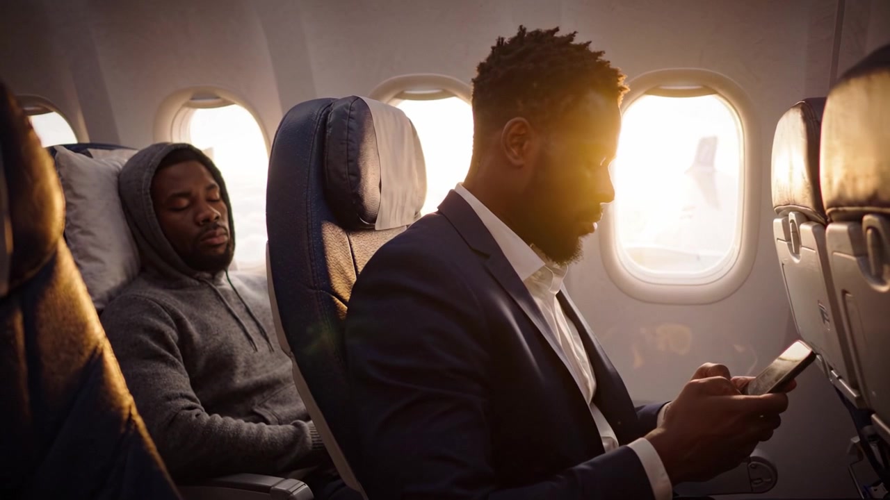 Due passeggeri su un volo, uno concentrato su uno smartphone mentre l'altro dorme pacificamente in un sedile d'aereo, catturati in stati d'animo e momenti contrastanti